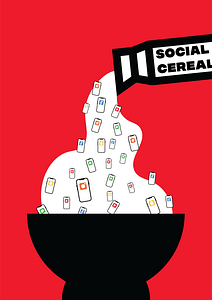 This is a social commentary on how social media has infiltrated many people's lives. It has become a staple in the morning rountine of many where they scroll through social media while they eat breakfast. It also touches on the idea of how social media feeds you posts and information to keep your attention.