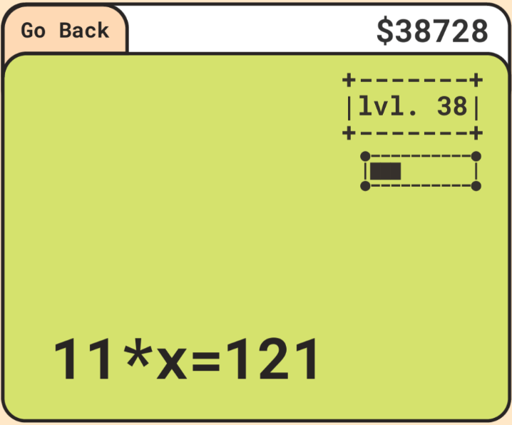 This is a screenshot from my game, "One By One" in which a multiplication algebra problem was generated.