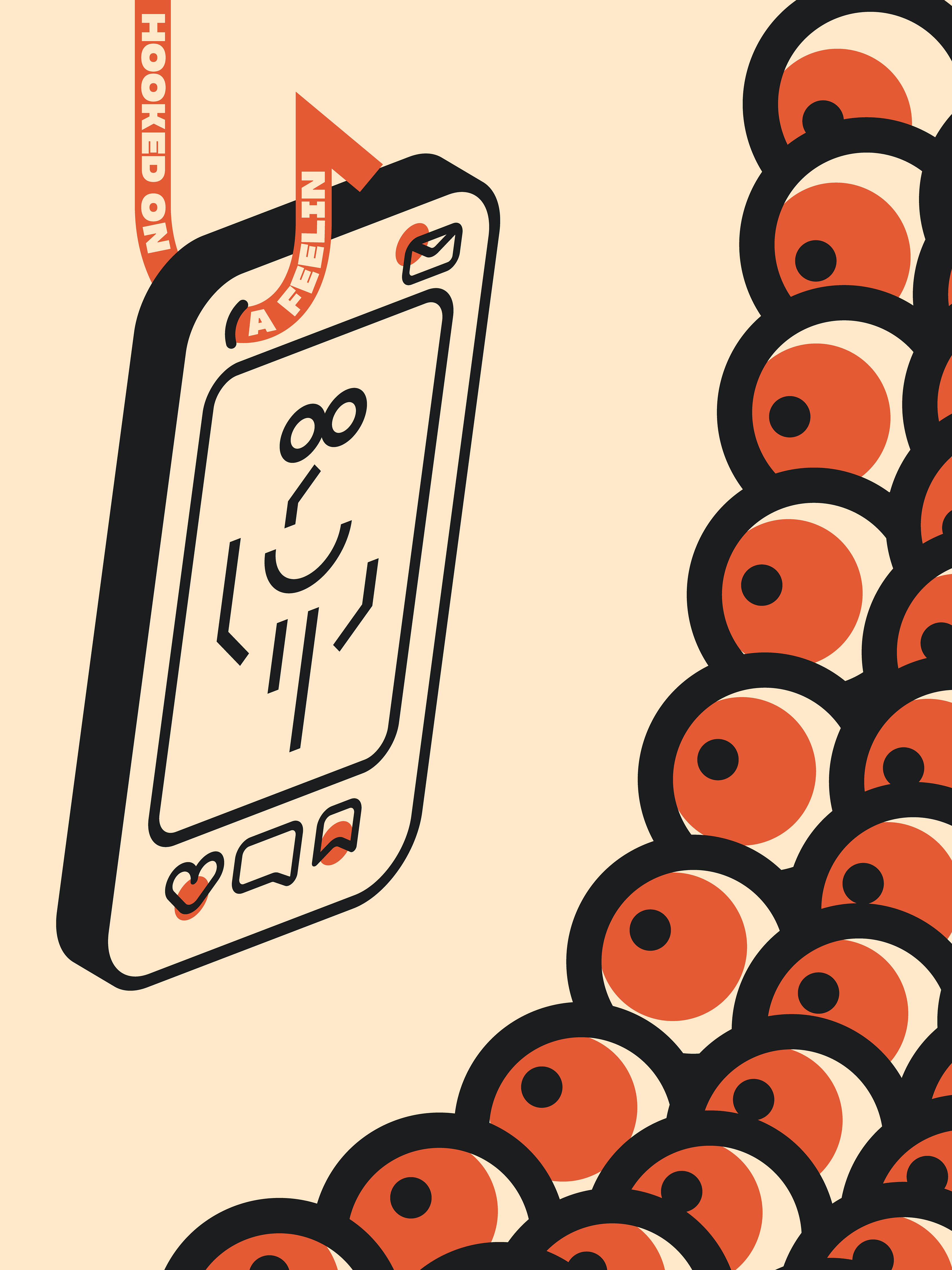 This poster is a social commentary on the feeling of receiving affirmation on social media platforms. The phone is hanging just out of distance from a hook called "Hooked on a Feelin." Teasing with the like button, bookmark, and inbox being pinged with notification. All the eyes stare at the screen showing an abstract figure of a person as their attention is glued due to the dopamine they feel from the likes.