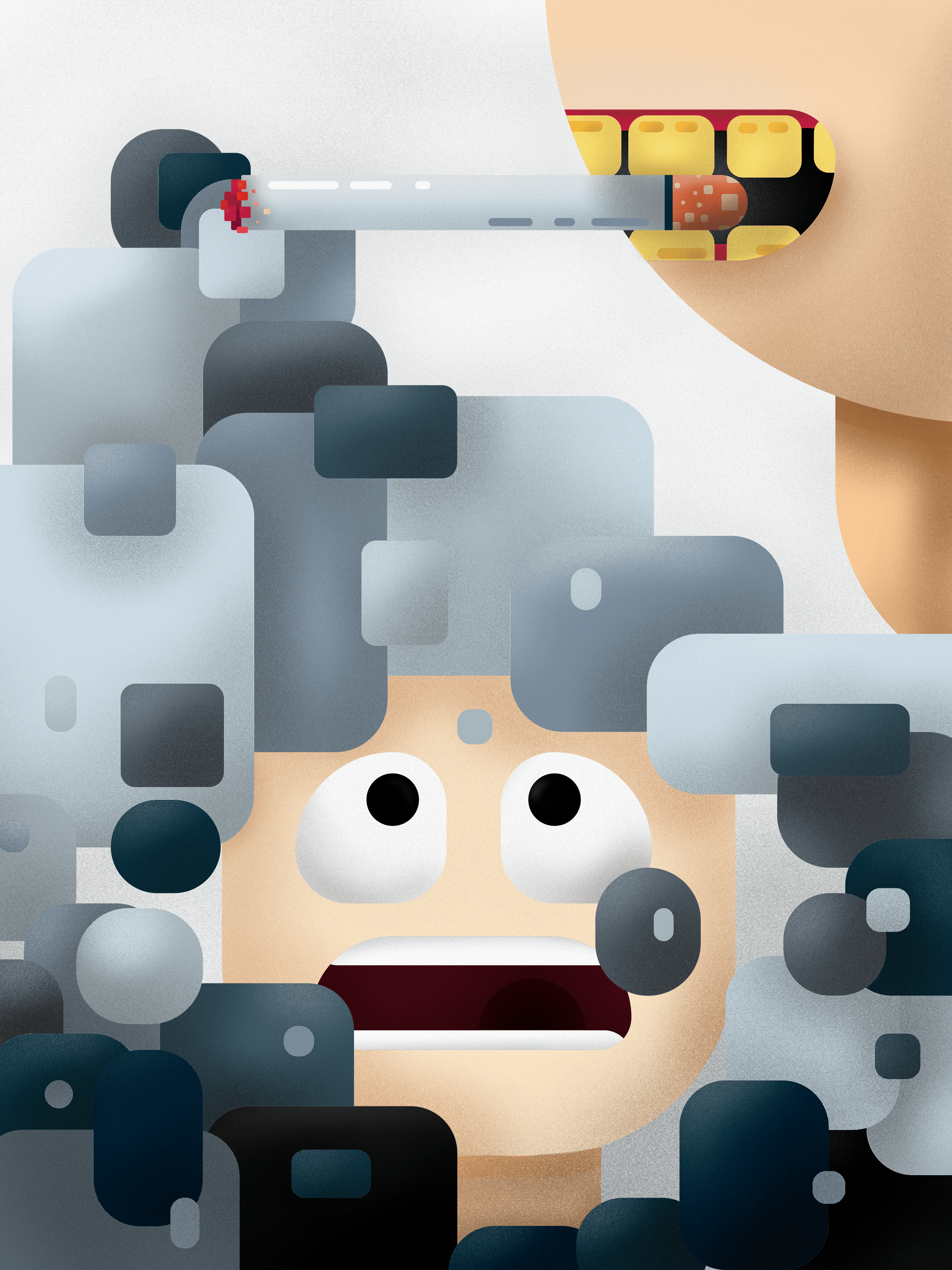 I lived my early parts of life dealing with Asthma and as a result, I was often at the wrath of smokers. This illustration is mean to make people feel disgusted when people smoke and also portray the feeling of being suffocated when someone smokes. Even though most of the time the particles can't be seen the second-hand smoke feels like an anvil pressing on their lung.
